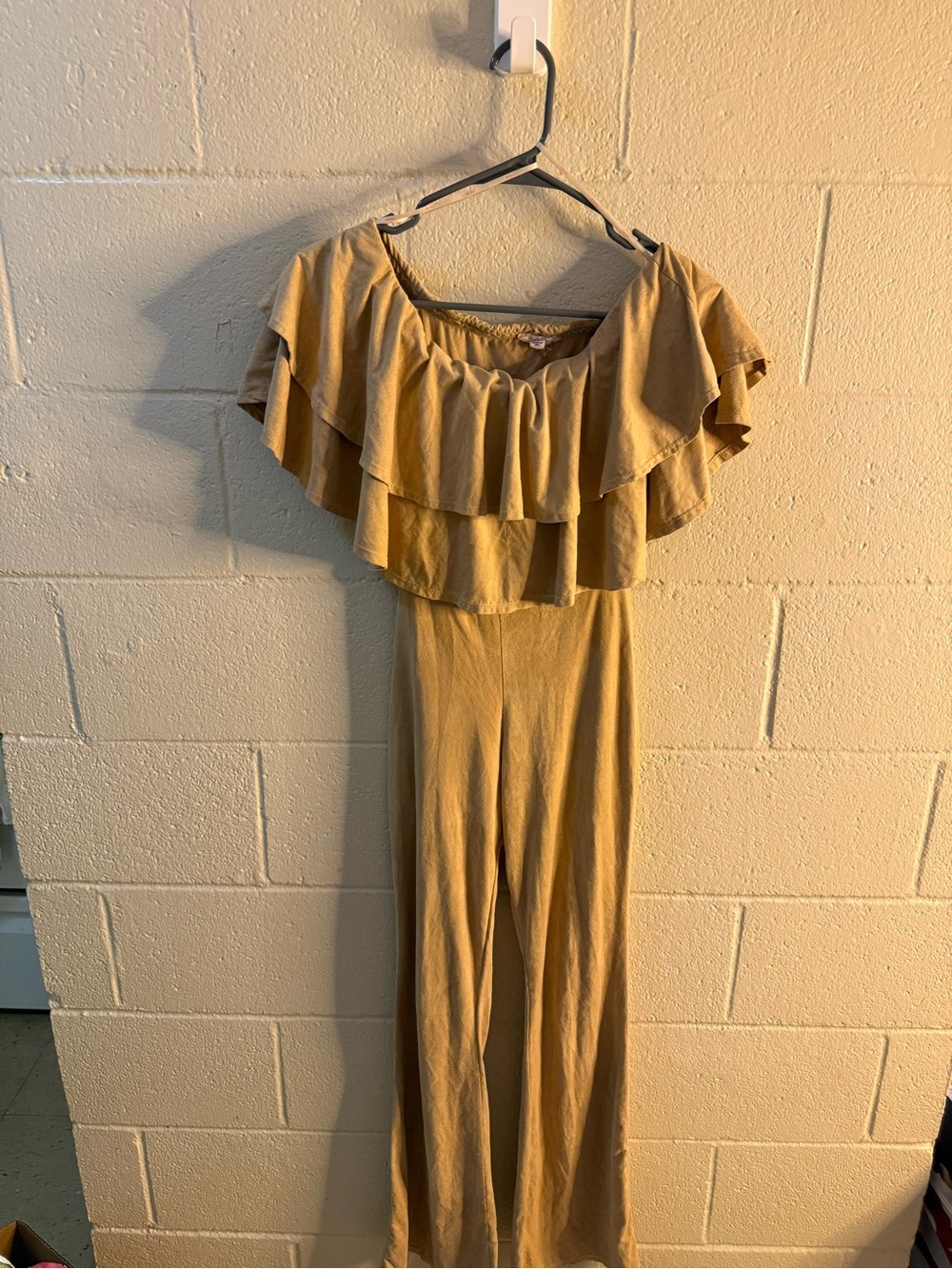 a'gaci Mustard Off-Shoulder Ruffle Jumpsuit